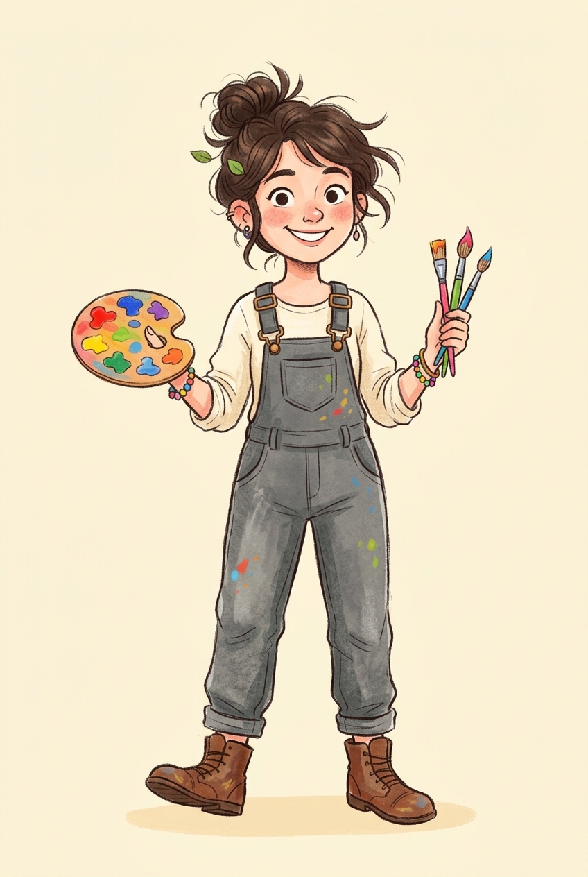 Illustration of Tayler in grey overalls holding a palette and brushes